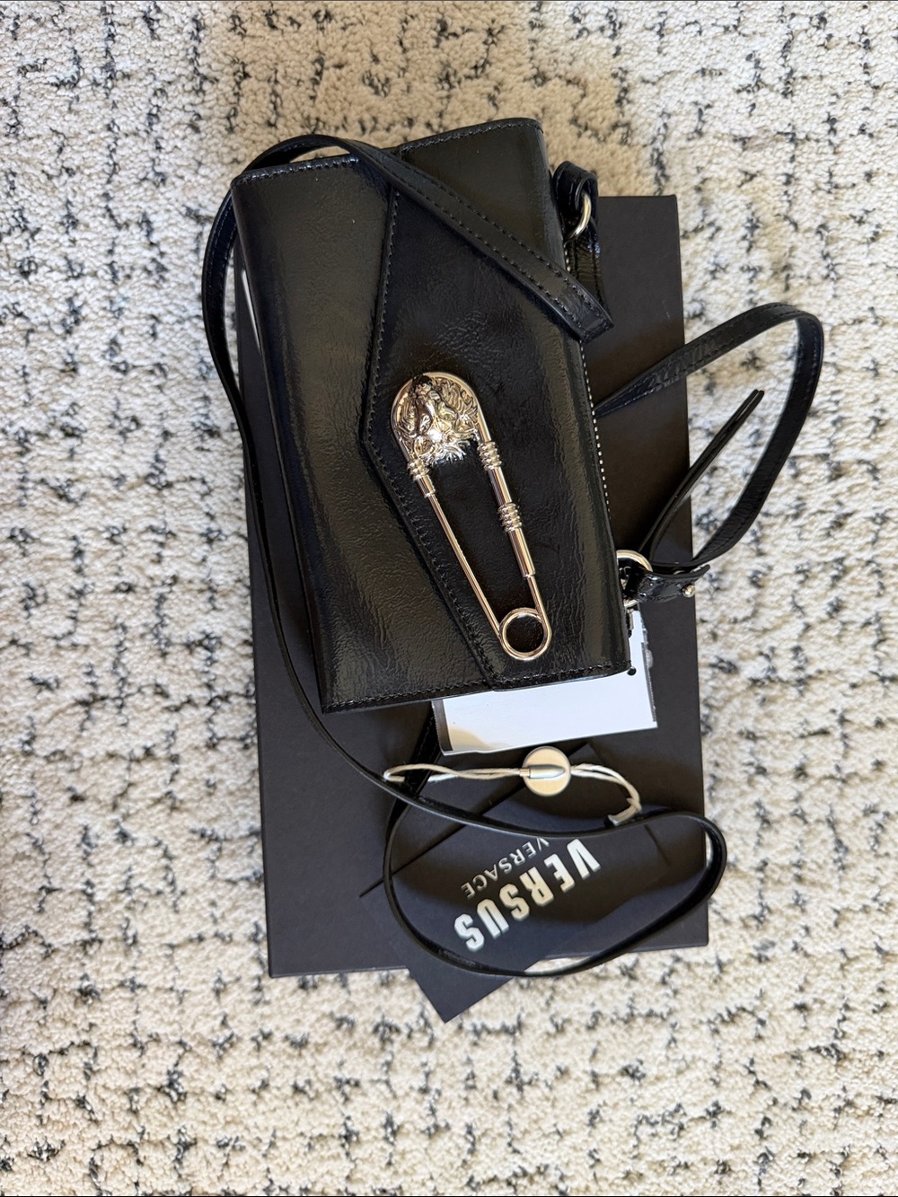 Versus Versace Black Leather Key & Card Holder with Silver Safety Pin